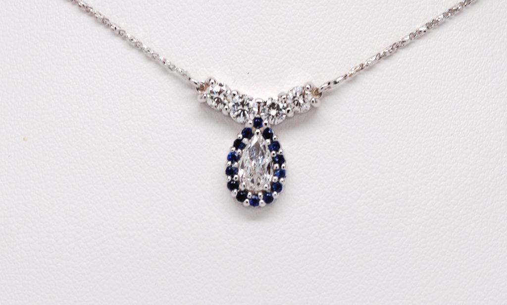 Custom 14k White Gold Pear Shaped Diamond & Sapphire Gemstone Necklace.-0