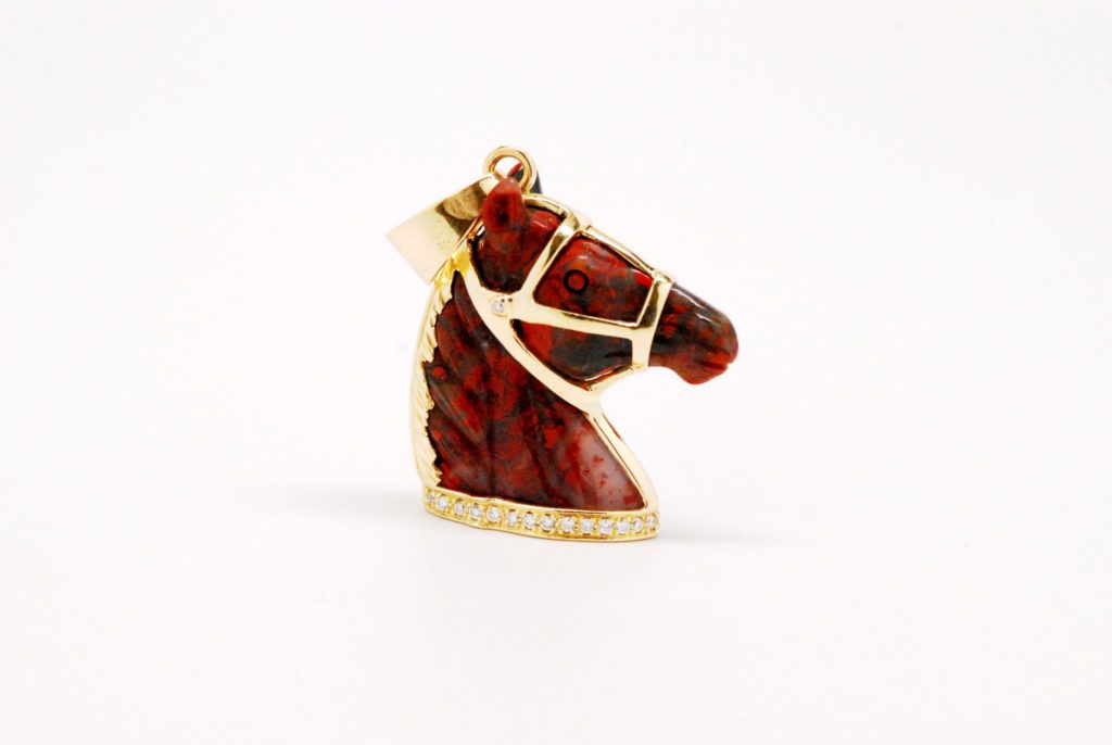 Custom 14k Yellow Gold Carved Gemstone Horse Pendant With Diamonds-433