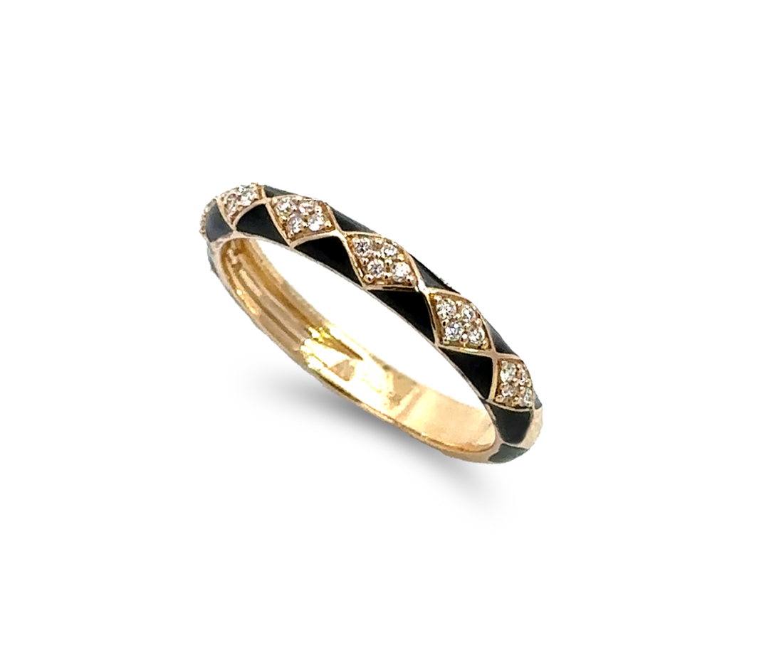 Black Enamel Stackable Band w/ Diamonds 14k Yellow Gold